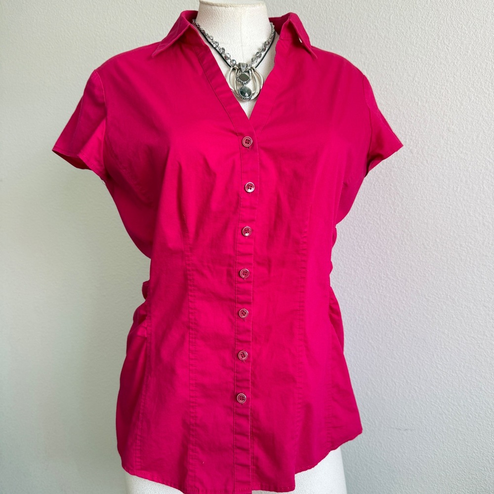 Y2K Womens Hot Pink Fitted Button Up Shirt Medium Ruched Y2K  office siren  Top